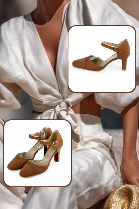 Women's caramel brown elegant closed-back heels, with an instep strap. Round toe. High kitten heels - Worn view